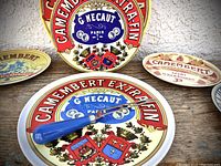 Large Camembert plate with a cutting utensil on top, and four smaller decorative cheese plates arranged around it. Plates have colorful French cheese logos and labels.
