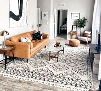 Rug styled in living room under coffee table with tan leather sofa