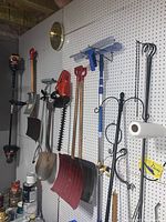 Overview of pegboard wall displaying all tools and accessories