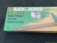 Photo of the product box showing brand, product name, and specifications of the hedge trimmer.