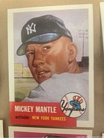Front view of baseball card showing artwork portrait of Mickey Mantle in New York Yankees cap with logo and team name in red bar at bottom.