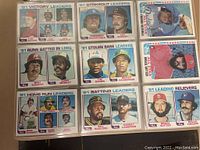 Photo of cards featuring 1981 victory leaders, strikeout leaders, runs batted in leaders, and other statistical leader cards included in the 1982 set.