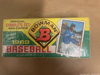 Top view of unopened 1989 Bowman Baseball complete set box showing "Official Complete Set 484 Cards" and player illustration.