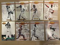Eight baseball cards featuring action shots and portraits of players from the 1993 Ted Williams Card Company including Negro League and Women’s League players