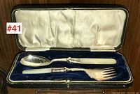Full view of boxed serving utensil set showing mother of pearl handles in velvet-lined box.