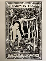 Black and white pen and ink drawing page from the book showing a nude figure holding a spear in a forested setting with Latin inscription border.