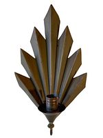 Front view of the antique Art Deco metal candle holder showing its distinctive fan-shaped design with seven ridges extending vertically from the candle socket.