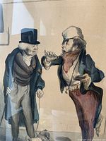 Close-up photo of lithograph showing two men and small dog, one man in top hat, other with beret, both in 19th-century attire.