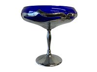 Side view of the cobalt blue compote with silver-toned Krome Kraft metal base on white background.