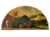 Front view of hand painted metal clock face part featuring folk art landscape.