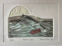 Close-up of the etching showing the boat and moon with signature, title, and edition number.