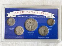 Front of Americana Series Vanishing Classics Collection plastic case showing five coins: 1943 Steel Penny, Buffalo Nickel, Walking Liberty Half Dollar, Standing Liberty Quarter, Mercury Dime.