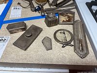 Overall view of all lot items arranged on countertop