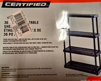 Box label showing Certified brand, 36 inch shelving unit specifications and weight capacity 200 lbs per shelf.