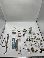 Overview photo of all the jewelry pieces laid out on a white surface, displaying necklaces, bracelets, earrings, and pins.