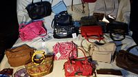 Front overview of 19 handbags laid out showing variety of colors and styles with tags visible on some items