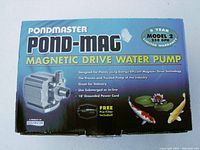 Photo of Pondmaster Pond-Mag Magnetic Drive Water Pump Model 2 box front showing pump image, features and warranty info.