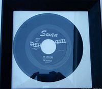 Original 1964 British Swan Records 45 RPM single by The Beatles featuring She Loves You and B-side Don't Drop Out, shown framed under glass.