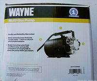 Box showing Wayne Multi-Use Pump branding, image of pump, and warranty info.