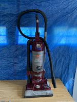 Full front view of the Hoover Pet Cyclonic upright vacuum cleaner showing hose attachment and transparent canister.