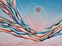 Close-up of the abstract oil painting showing detailed colors, composition, and artist signature lower right.