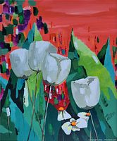 Close-up of the acrylic painting showing white flowers against vibrant colored background, signed lower right