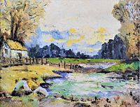 Close up photo of the oil painting showing the textured brushwork and landscape scene with house, pond, and trees.