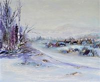 Frontal view of the original oil painting showing full scene of snowy landscape with distant village and birch trees on left.
