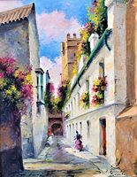 Close-up of the signed oil painting showing a narrow European street scene with white buildings, flowers, and blue sky.