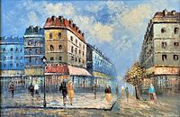 Full view of the oil painting showing a Parisian street with buildings, pedestrians, and streetlamps under a partly cloudy sky.
