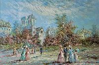 Close-up of painting scene depicting cathedral and figures