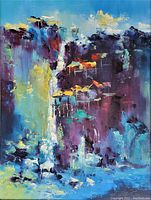 Full view of the unframed painting showing abstract landscape in blues, purples, yellow and white.