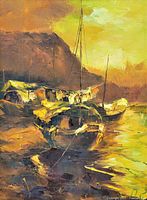 Close-up of the oil painting showing textured brushwork and warm colors.