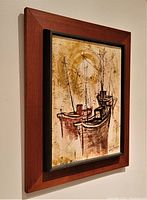 Framed oil painting hanging on a wall, showing side angle to depict frame depth and canvas texture.