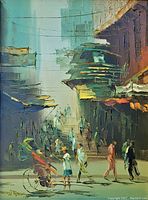 Full view of the oil painting showing a busy street scene with people walking and a rickshaw. The signature 'O. L. Fong?' is visible at lower left corner.