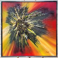 Front view of vibrant mixed media painting with 3D plastic tubing on textured oil painted canvas, framed in metal.