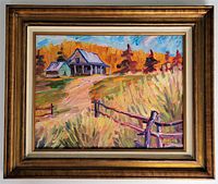 Framed oil painting showing full composition of colorful rural landscape with house, fence, and foliage in impressionistic style.
