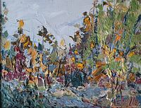 Oil painting close-up showing autumn landscape with textured brushstrokes, water and trees