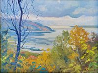 Full view of unframed painting on easel showing colors and composition