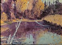 Close-up image of the oil painting showing autumn river scene with yellow and purple tones, signature visible lower left.