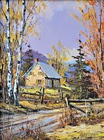 Close-up of the painting showing the detail of the rural autumn landscape and artist signature.