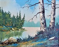 Close up of the oil on board painting depicting birch trees, water, and forest with signature visible lower right.