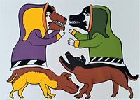 Closeup of the serigraph showing two Inuit shamans in colorful hooded garments with animal heads and two dogs beneath, signed by artist