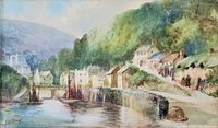 Close-up view of the watercolour painting depicting a riverside village with houses, hills, and boats, signed by the artist.