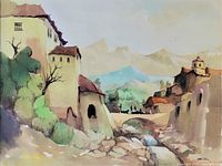 Close-up of the watercolour painting showing buildings, trees, and mountains.