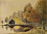 Close-up of the watercolour painting showing the small cottage by the lake, autumn-colored trees, and reflections on water.