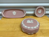 Photo showing all three pieces: elongated oval dish, small plate, scalloped trinket box