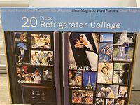 Box of 20-piece clear magnetic word photo frames forming a refrigerator collage set with various inspirational words like 'remember', 'explore', 'adventure'