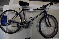 Left side view of the purple Diamond Back mountain bike showing 17 inch frame, knobby tires, black saddle, and Shimano gear setup.