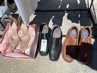 Photo shows three pairs of shoes: brown Dr. Scholl's men's casual dress shoes with gel-cushion inserts; black George men's dress shoes with memory foam; and champagne beige Nina ladies' dress shoes with rhinestones in an open box.
